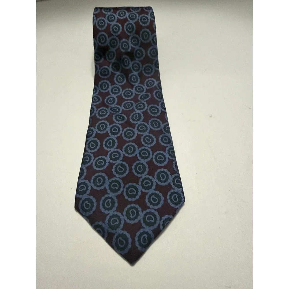 Chaps Ralph Lauren Mens Silk Necktie Burgundy Blue Geometric Paisley Made in USA